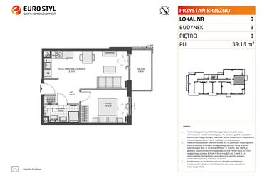 Rzut - Mieszkanie na sprzedaż 2 pokoje o powierzchni 39,16 m² - numer B9 w Przystań Brzeźno etap 1.2
