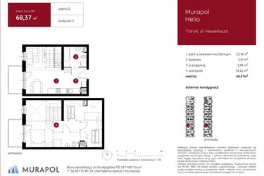 Rzut - Mieszkanie na sprzedaż 1 pokój o powierzchni 68,63 m² - numer 3.A.2.08 w Murapol Helio