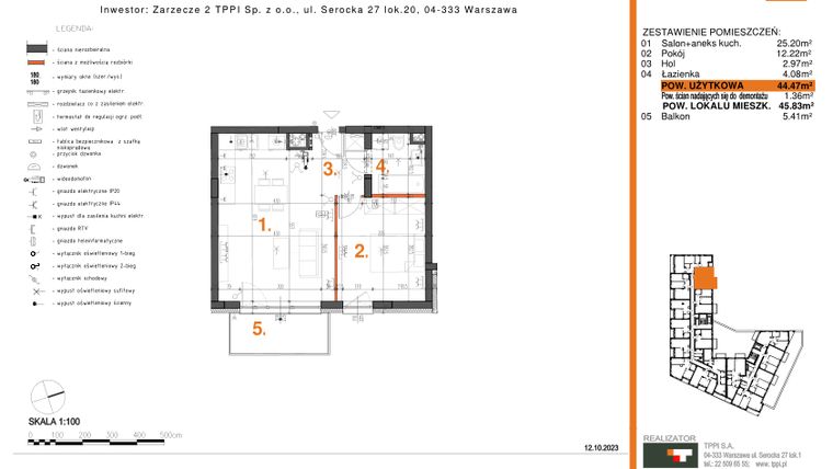 Rzut - Mieszkanie na sprzedaż 2 pokoje o powierzchni 44,47 m² - numer 36 w Zarzecze II Pruszków
