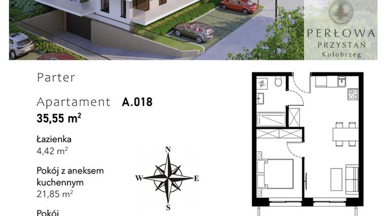 Rzut - Mieszkanie na sprzedaż 2 pokoje o powierzchni 35,55 m² - numer A.018 w Perłowa Przystań - Kołobrzeg - etap II