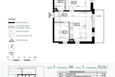 Rzut - Mieszkanie na sprzedaż 3 pokoje o powierzchni 53,53 m² - numer 4 w Kolarska Koncept