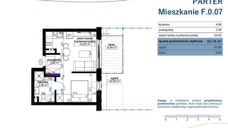 Rzut - Mieszkanie na sprzedaż 1 pokój o powierzchni 32,14 m² - numer F.0.07 w Wzgórze Poetów 2