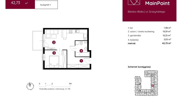 Rzut - Mieszkanie na sprzedaż 1 pokój o powierzchni 42,73 m² - numer 1.B.1.02 w Murapol MainPoint
