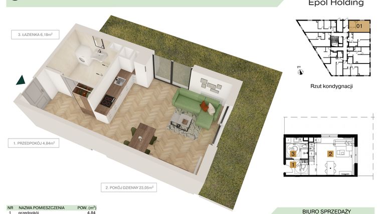 Rzut - Mieszkanie na sprzedaż 1 pokój o powierzchni 34,07 m² - numer B2.M1 w Tutaj Bunscha