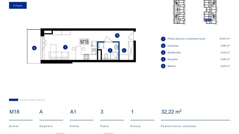 Rzut - Mieszkanie na sprzedaż 1 pokój o powierzchni 32,22 m² - numer 18A w Przy Bursztynowej