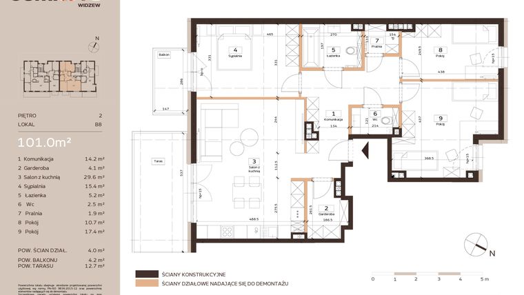 Rzut - Mieszkanie na sprzedaż 4 pokoje o powierzchni 101 m² - numer B8 w Domkove Widzew