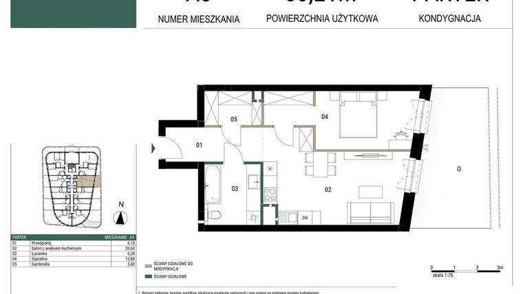 Rzut - Mieszkanie na sprzedaż 2 pokoje o powierzchni 50,21 m² - numer A3 w Drago