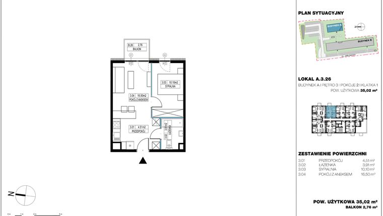 Rzut - Mieszkanie na sprzedaż 2 pokoje o powierzchni 35,19 m² - numer A.3.26 w Jabłonova