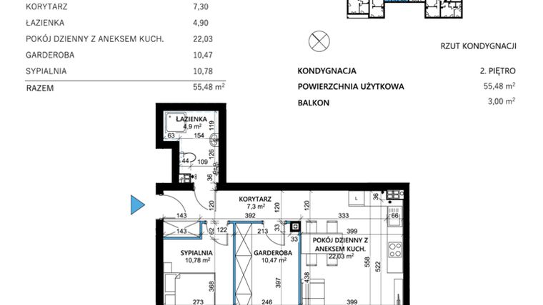 Rzut - Mieszkanie na sprzedaż 3 pokoje o powierzchni 55,48 m² - numer 13 w Comfort Corner