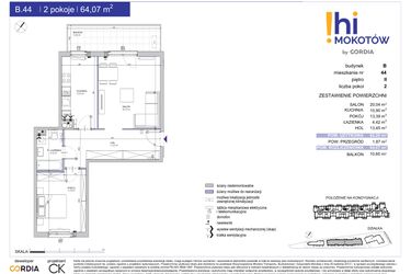 Rzut - Mieszkanie na sprzedaż 2 pokoje o powierzchni 64,07 m² - numer A1.B.44 w Hi Mokotów