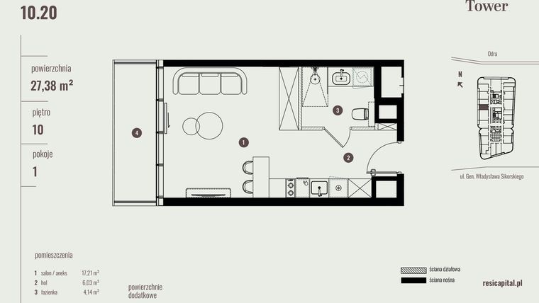 Rzut - Mieszkanie na sprzedaż 1 pokój o powierzchni 27,38 m² - numer 10.20 w Quorum Tower