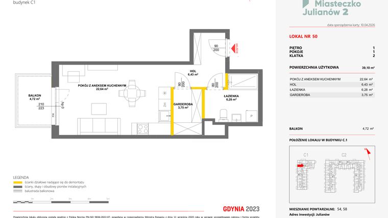 Rzut - Mieszkanie na sprzedaż 1 pokój o powierzchni 39,1 m² - numer 50 w Miasteczko Julianów etap 2