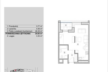 Rzut - Mieszkanie na sprzedaż 1 pokój o powierzchni 34,6 m² - numer H1-A-6-2 w Heyki City