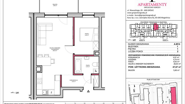 Rzut - Mieszkanie na sprzedaż 2 pokoje o powierzchni 47,67 m² - numer A.14 w Apartamenty Grójeckie Ogrody