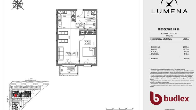 Rzut - Mieszkanie na sprzedaż 2 pokoje o powierzchni 43,83 m² - numer C1.10 w Lumena