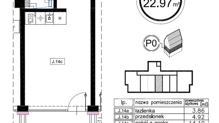 Rzut - Mieszkanie na sprzedaż 1 pokój o powierzchni 22,97 m² - numer J.14 w Enklawa Polany etap II