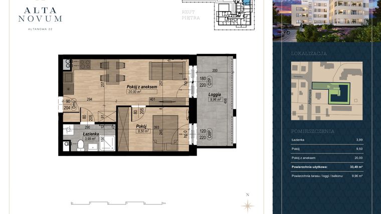 Rzut - Mieszkanie na sprzedaż 2 pokoje o powierzchni 33,49 m² - numer 3 w Alta Novum