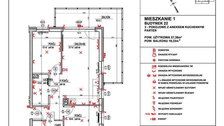 Rzut - Mieszkanie na sprzedaż 3 pokoje o powierzchni 57,38 m² - numer 1 w Osiedle 4 Pory Roku - Etap VIII