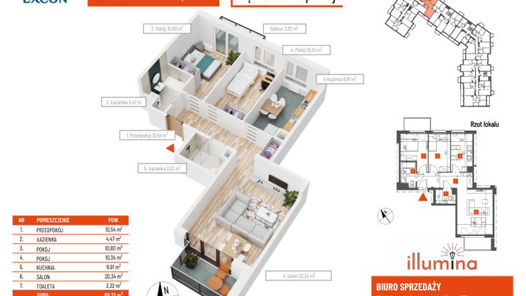 Rzut - Mieszkanie na sprzedaż 3 pokoje o powierzchni 69,72 m² - numer M011b w Illumina