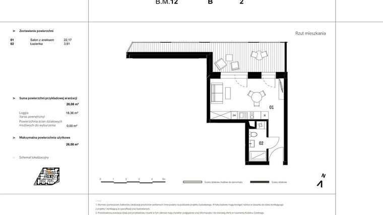 Rzut - Mieszkanie na sprzedaż 1 pokój o powierzchni 45,98 m² - numer B.M.12 w VIDOK