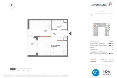 Rzut - Mieszkanie na sprzedaż 2 pokoje o powierzchni 40,05 m² - numer H.1.9 w Łopuszańska 47 - etap 3