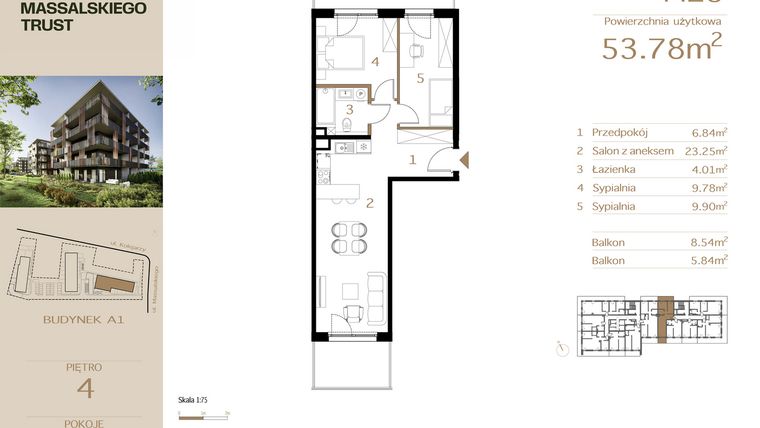 Rzut - Mieszkanie na sprzedaż 3 pokoje o powierzchni 53,78 m² - numer M25 w Massalskiego Trust