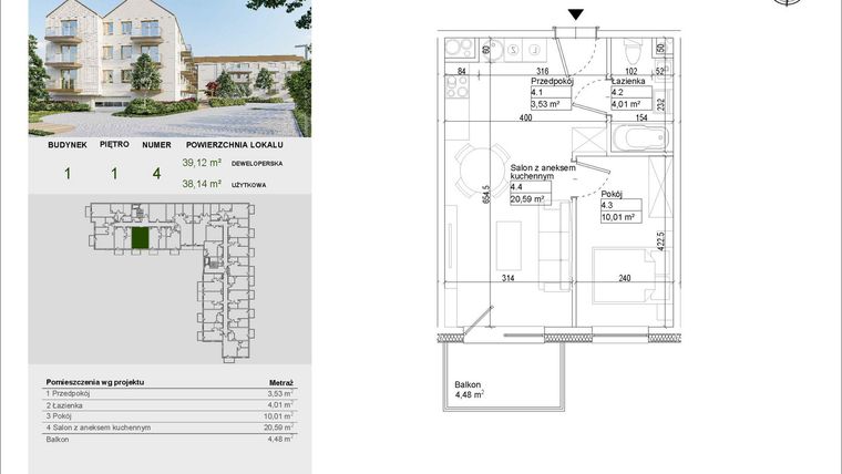 Rzut - Mieszkanie na sprzedaż 2 pokoje o powierzchni 38,14 m² - numer A4 w Aleja Mickiewicza