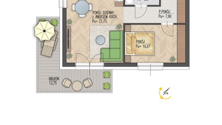 Rzut - Mieszkanie na sprzedaż 2 pokoje o powierzchni 44,17 m² - numer 48 w Enklawa Starosielce