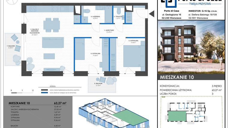 Rzut - Mieszkanie na sprzedaż 3 pokoje o powierzchni 63,27 m² - numer M10 w Porto di Casa - Twoja przystań