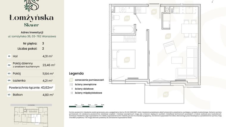 Rzut - Mieszkanie na sprzedaż 2 pokoje o powierzchni 43,62 m² - numer 11 w Łomżyńska Skwer