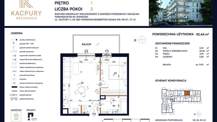 Rzut - Mieszkanie na sprzedaż 2 pokoje o powierzchni 42,44 m² - numer M21 w Kacpury Residence