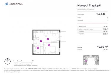 Rzut - Mieszkanie na sprzedaż 2 pokoje o powierzchni 40,96 m² - numer 1.A.2.12 w Murapol Trzy Lipki