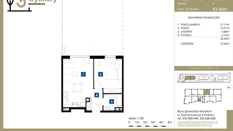 Rzut - Mieszkanie na sprzedaż 2 pokoje o powierzchni 43,45 m² - numer M.A06 w 3 Wymiary Bronowice