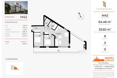 Rzut - Mieszkanie na sprzedaż 3 pokoje o powierzchni 64,46 m² - numer M42 w Łepkowskiego 11