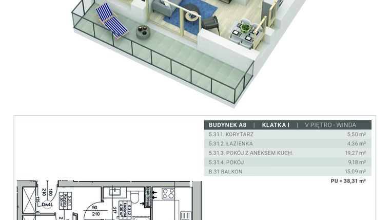 Rzut - Mieszkanie na sprzedaż 2 pokoje o powierzchni 38,31 m² - numer A.8.M31 w Sobola Biel A8