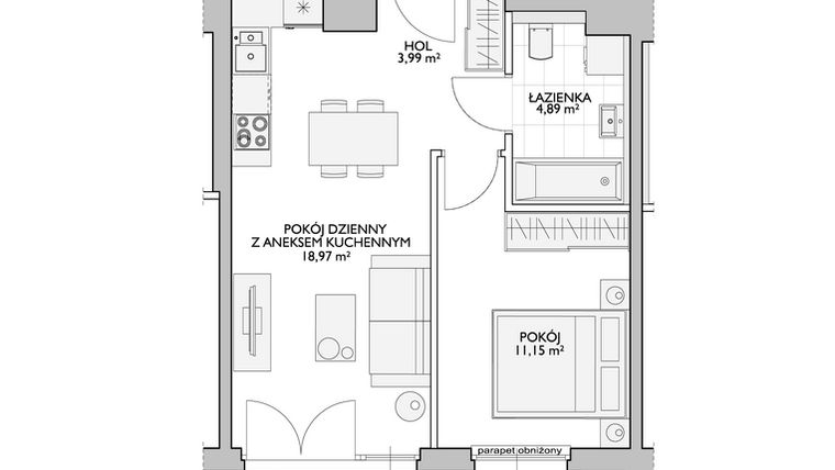 Rzut - Mieszkanie na sprzedaż 2 pokoje o powierzchni 40,15 m² - numer WO/P33/12 w Wiszące Ogrody