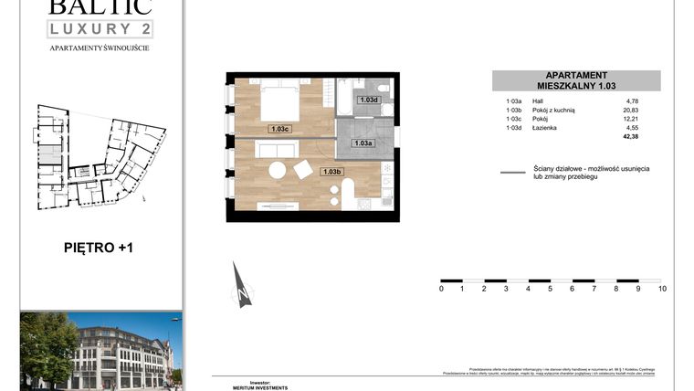 Rzut - Mieszkanie na sprzedaż 2 pokoje o powierzchni 42,38 m² - numer 1.03 w Baltic Luxury 2