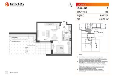 Rzut - Mieszkanie na sprzedaż 2 pokoje o powierzchni 45,29 m² - numer 3 w Locus 2