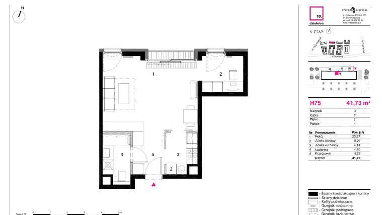 Rzut - Mieszkanie na sprzedaż 1 pokój o powierzchni 41,73 m² - numer H75 w 19. Dzielnica Etap V