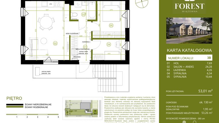 Rzut - Mieszkanie na sprzedaż 3 pokoje o powierzchni 53,01 m² - numer 3B w Wiązowna Forest