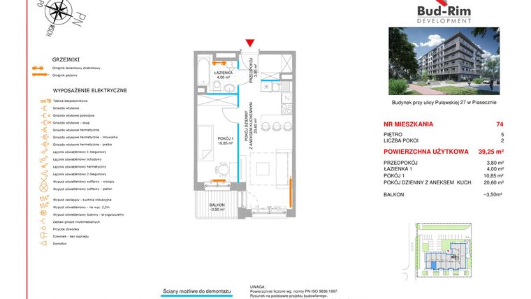 Rzut - Mieszkanie na sprzedaż 2 pokoje o powierzchni 39,25 m² - numer 74 w Puławska 27