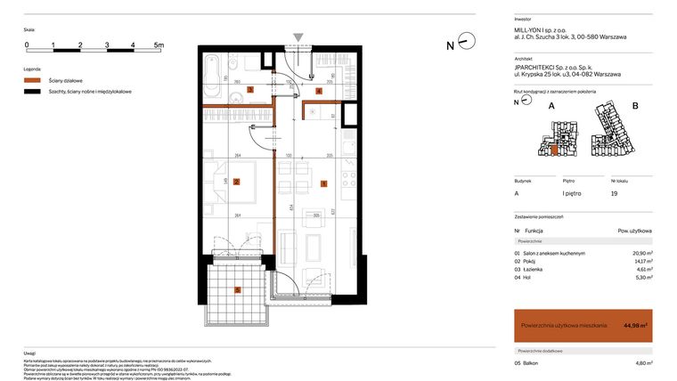 Rzut - Mieszkanie na sprzedaż 2 pokoje o powierzchni 44,98 m² - numer 19 w MY Głębocka