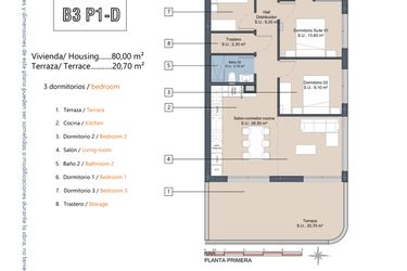 Rzut - Mieszkanie na sprzedaż 3 pokoje o powierzchni 80 m² - numer 1-P1-D w Apartamenty w Los Alcázares - 49717964