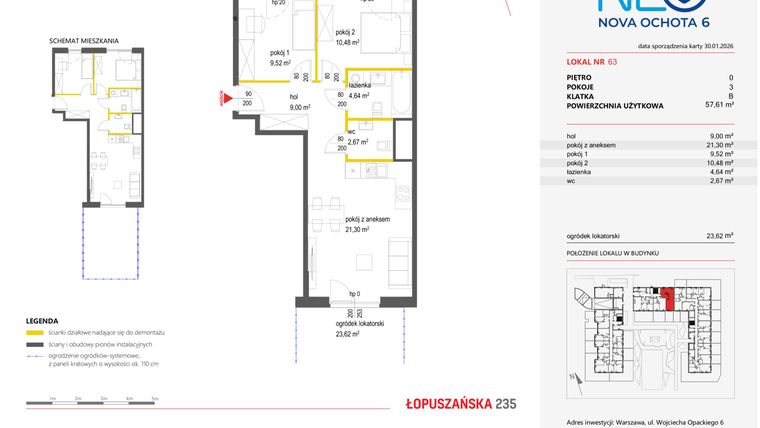 Rzut - Mieszkanie na sprzedaż 3 pokoje o powierzchni 57,61 m² - numer 63 w Neo Nova Ochota 6