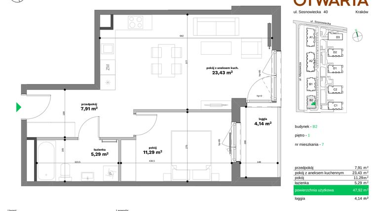 Rzut - Mieszkanie na sprzedaż 2 pokoje o powierzchni 47,92 m² - numer B2-7 w Forma Otwarta etap II