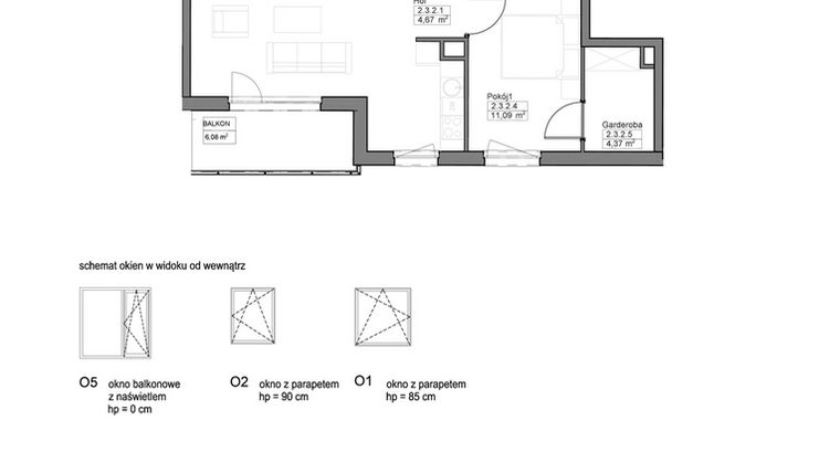 Rzut - Mieszkanie na sprzedaż 2 pokoje o powierzchni 52,63 m² - numer A.2.3.2 w Optima VIII