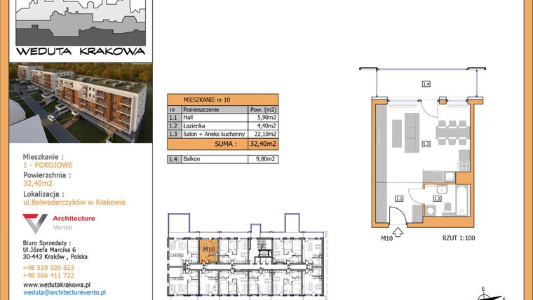 Rzut - Mieszkanie na sprzedaż 1 pokój o powierzchni 32,4 m² - numer M10 w Weduta Krakowa etap II