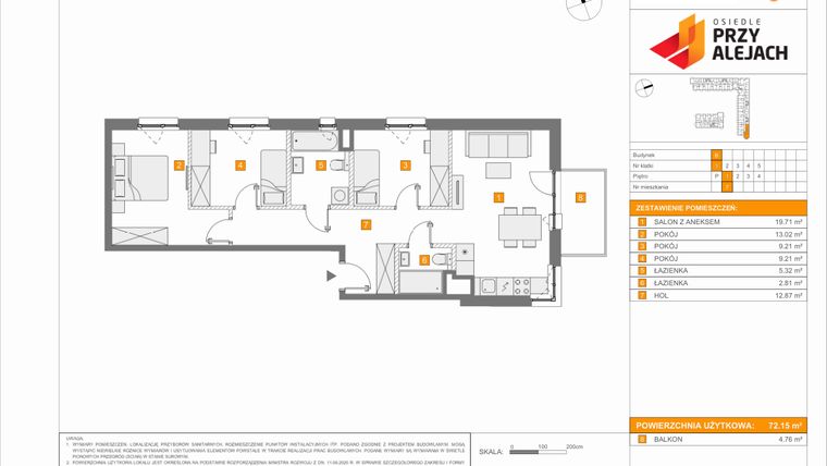 Rzut - Mieszkanie na sprzedaż 4 pokoje o powierzchni 72,15 m² - numer B7 w Osiedle Przy Alejach etap 2