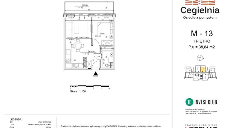 Rzut - Mieszkanie na sprzedaż 2 pokoje o powierzchni 38,84 m² - numer 13 w Cegielnia
