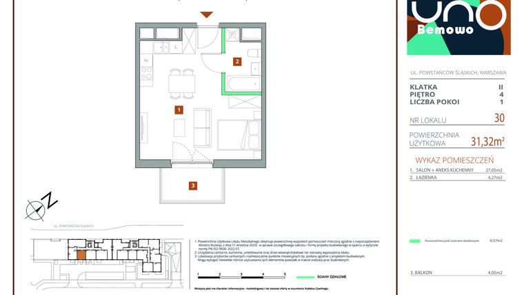 Rzut - Mieszkanie na sprzedaż 1 pokój o powierzchni 31,32 m² - numer 30 w UNO Bemowo